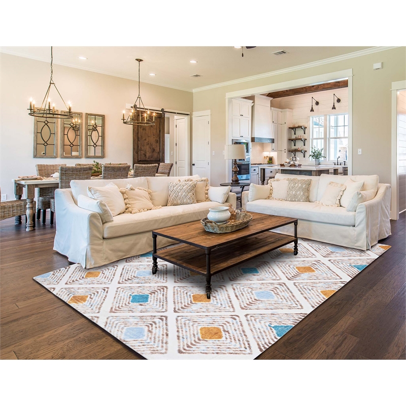 Linon Motif Printed Faux Rabbit Blinx Polyester 8'x10' Area Rug in Ivory