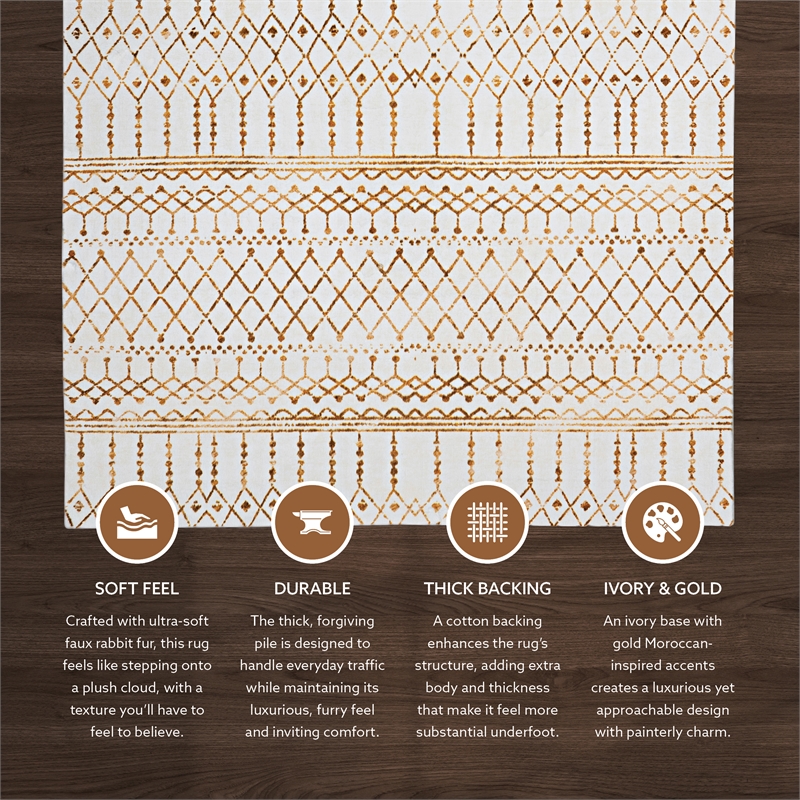 Linon Motif Printed Faux Rabbit Minear Polyester 3'x5' Accent Rug in Ivory