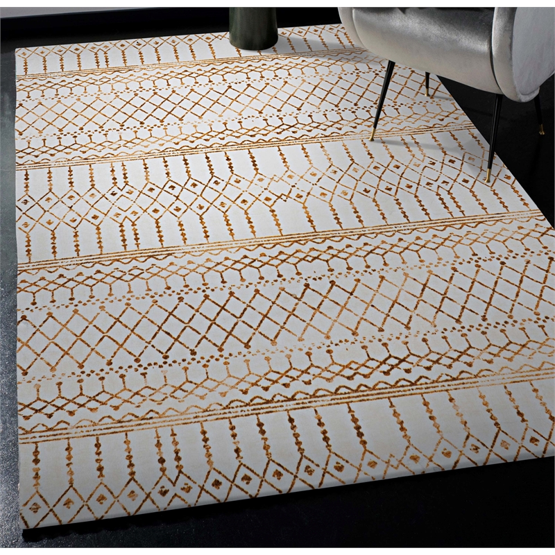 Linon Motif Printed Faux Rabbit Minear Polyester 5'x7' Area Rug in Ivory