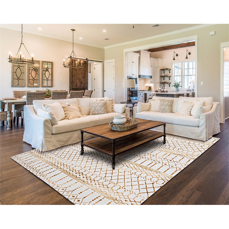 Linon Motif Printed Faux Rabbit Minear Polyester 8'x10' Area Rug in Ivory