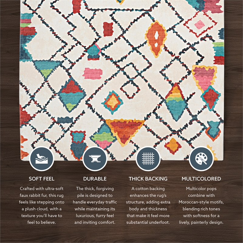 Linon Motif Printed Faux Rabbit Roboto Polyester 3'x5' Accent Rug in Ivory