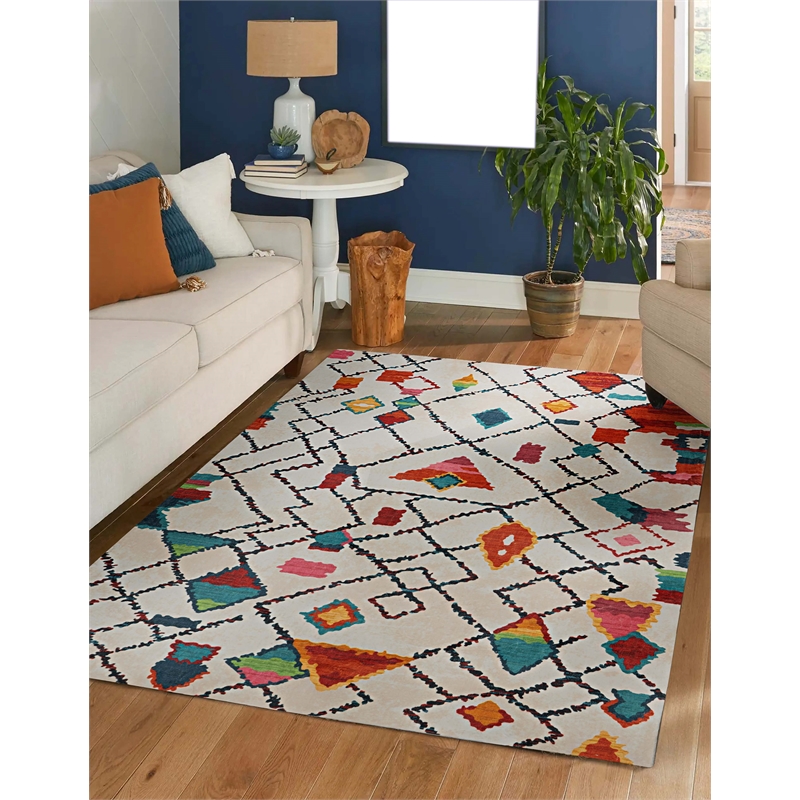 Linon Motif Printed Faux Rabbit Roboto Polyester 5'x7' Area Rug in Ivory