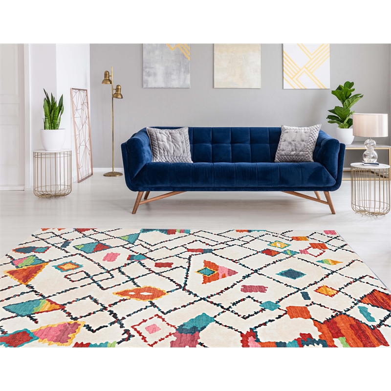 Linon Motif Printed Faux Rabbit Roboto Polyester 8'x10' Area Rug in Ivory