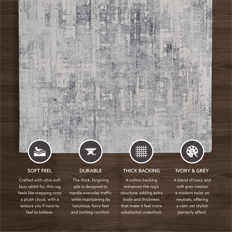 Linon Motif Printed Faux Rabbit Domo Polyester 3'x5' Accent Rug in Ivory