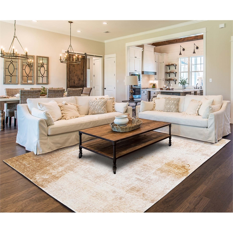 Linon Motif Printed Faux Rabbit Simone Polyester 8'x10' Area Rug in Ivory