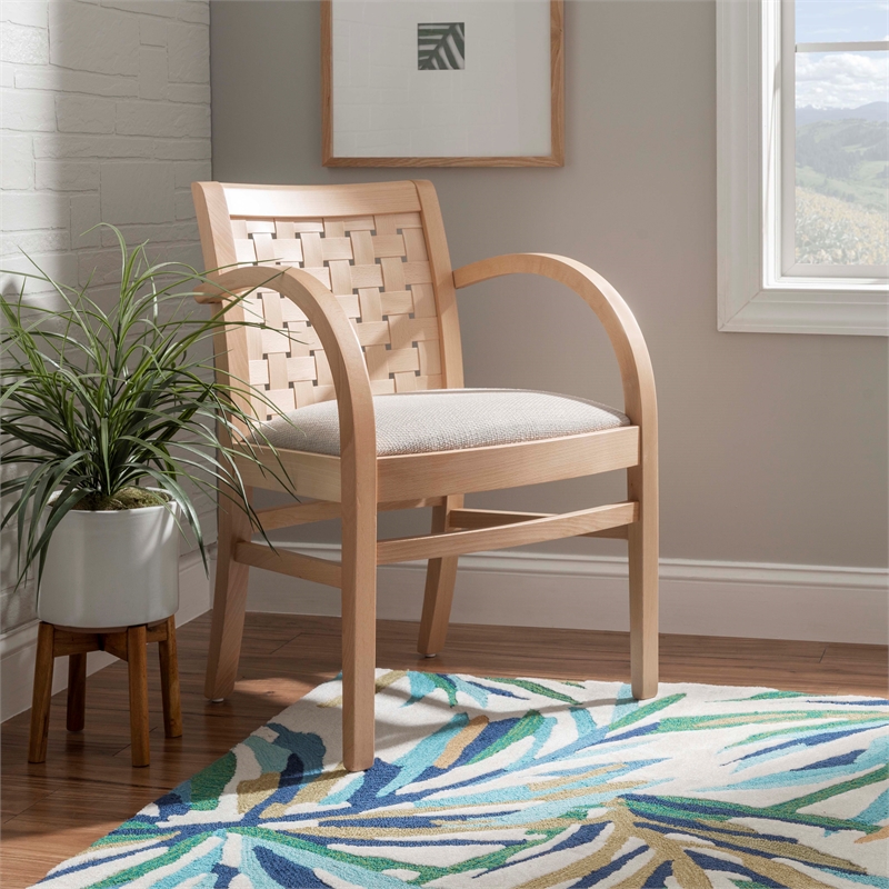 Linon Trent Arm Chair Cream Upholstered Seat Woven Backrest in Natural Beechwood