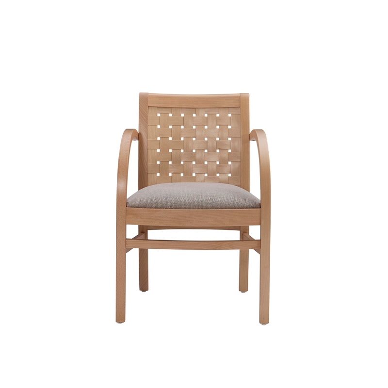 Linon Trent Arm Chair Cream Upholstered Seat Woven Backrest in Natural Beechwood