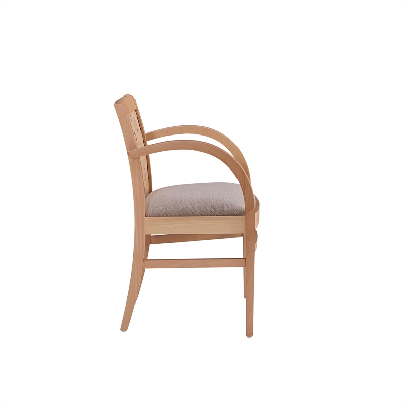 Linon Trent Arm Chair Cream Upholstered Seat Woven Backrest in Natural Beechwood