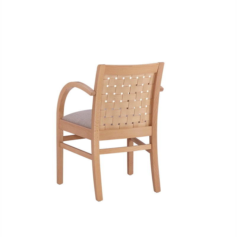 Linon Trent Arm Chair Cream Upholstered Seat Woven Backrest in Natural Beechwood