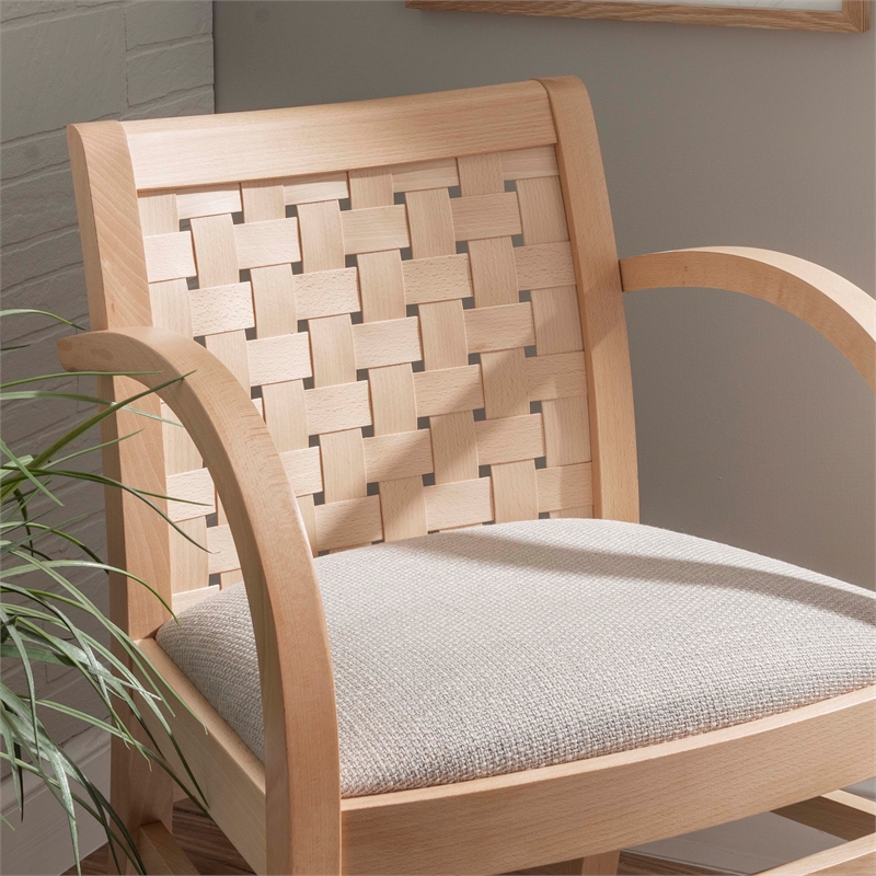 Linon Trent Arm Chair Cream Upholstered Seat Woven Backrest in Natural Beechwood