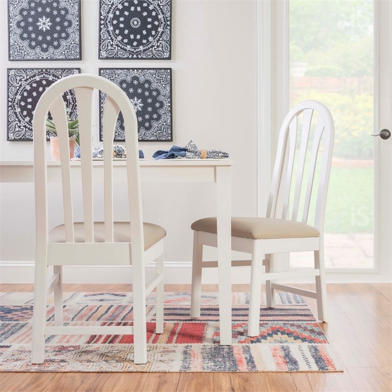 Linon Jerrie Set of 2 Beige Faux Leather Slat Back Dining Chairs in White Wood