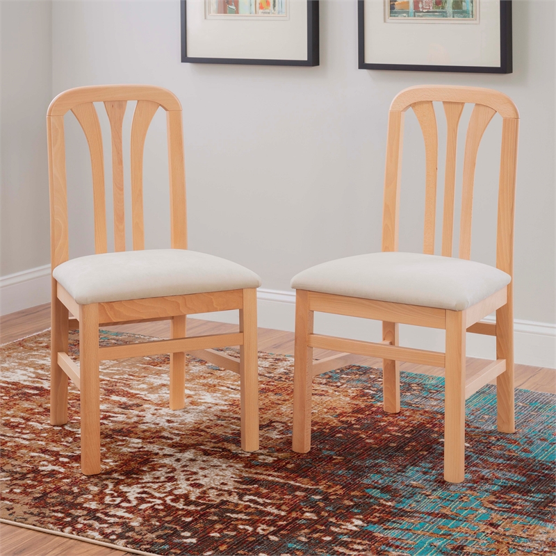 Linon Darlie Set of 2 Slat Back Dining Chairs Beige Padded Seat in Natural Wood