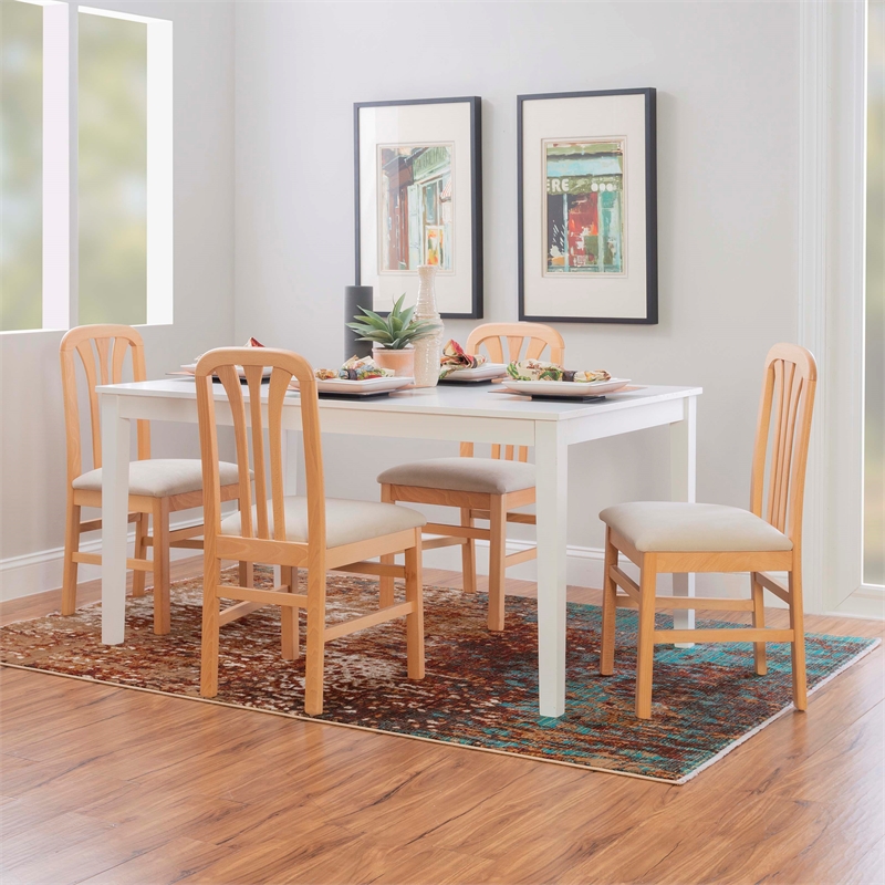 Linon Darlie Set of 2 Slat Back Dining Chairs Beige Padded Seat in Natural Wood