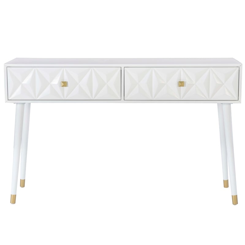Linon Alick Wood Geo Texture Console Table Drawers Gold Hardware in Glossy White