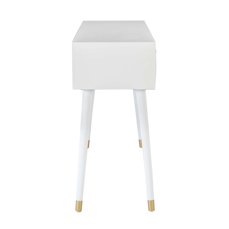 Linon Alick Wood Geo Texture Console Table Drawers Gold Hardware in Glossy White