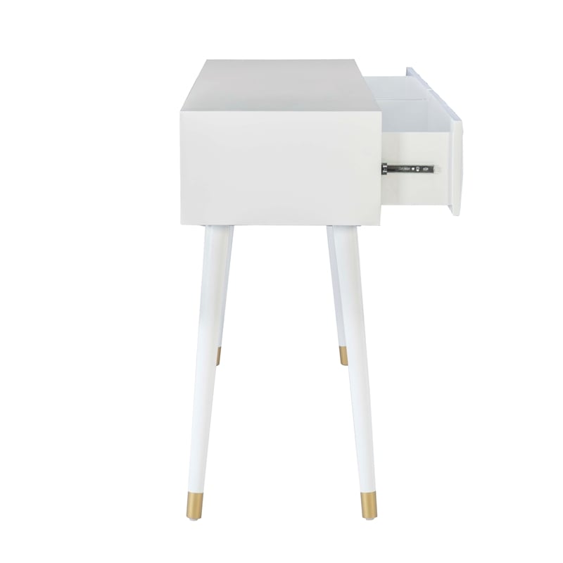 Linon Alick Wood Geo Texture Console Table Drawers Gold Hardware in Glossy White