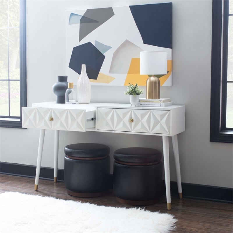 Linon Alick Wood Geo Texture Console Table Drawers Gold Hardware in Glossy White