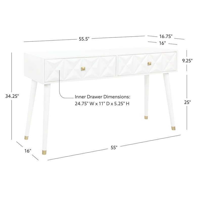 Linon Alick Wood Geo Texture Console Table Drawers Gold Hardware in Glossy White