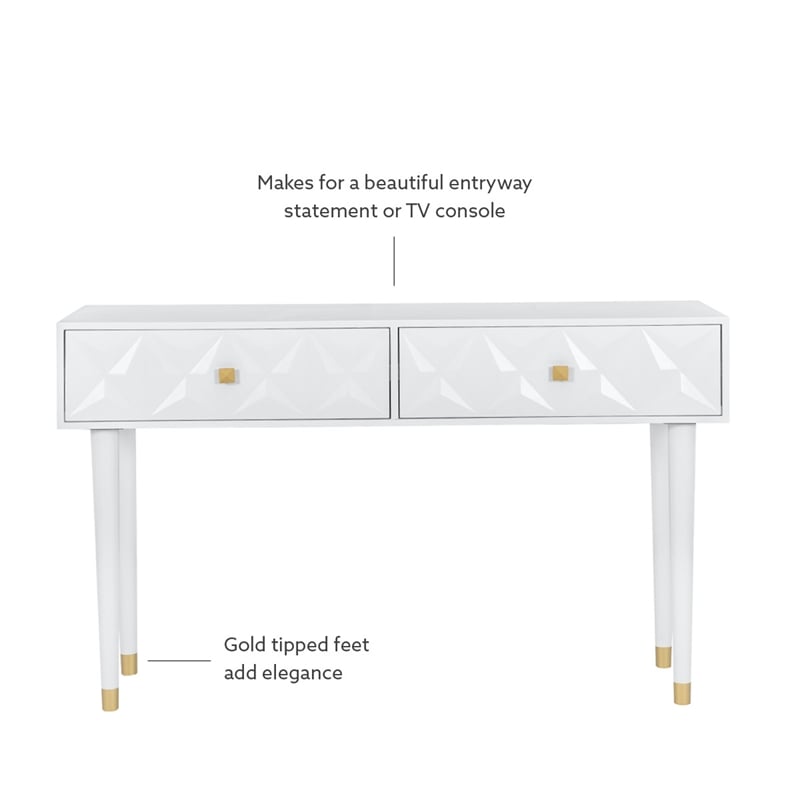 Linon Alick Wood Geo Texture Console Table Drawers Gold Hardware in Glossy White