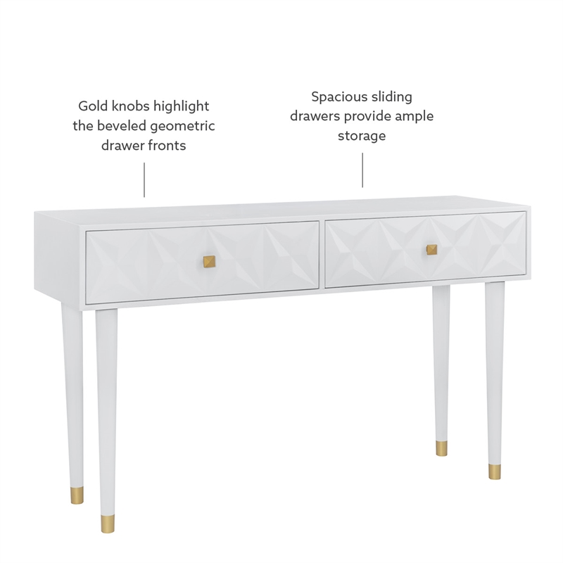 Linon Alick Wood Geo Texture Console Table Drawers Gold Hardware in Glossy White