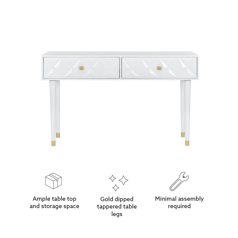 Linon Alick Wood Geo Texture Console Table Drawers Gold Hardware in Glossy White