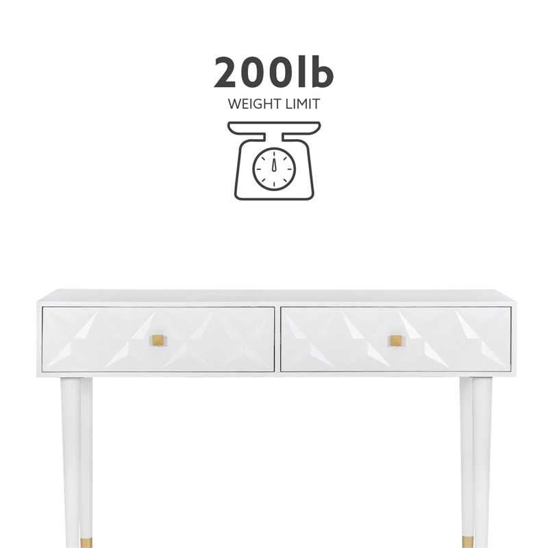 Linon Alick Wood Geo Texture Console Table Drawers Gold Hardware in Glossy White