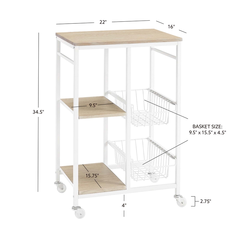 Linon August Rolling Metal Kitchen Cart with 2 Baskets and 2 Shelves in White