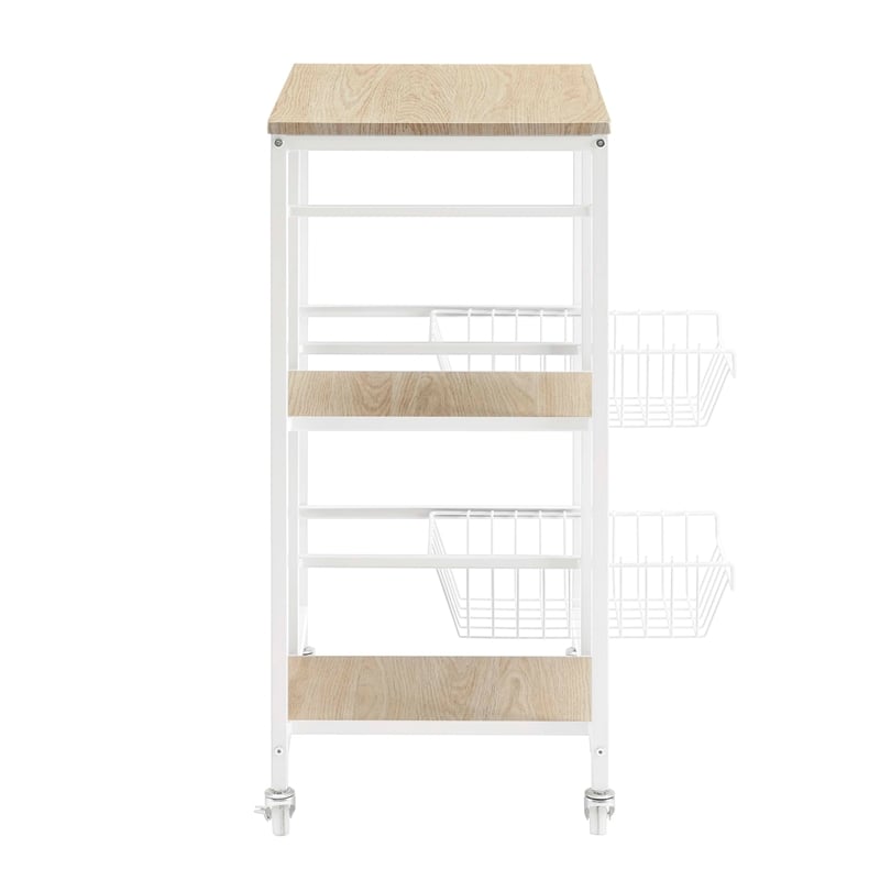 Linon August Rolling Metal Kitchen Cart with 2 Baskets and 2 Shelves in White