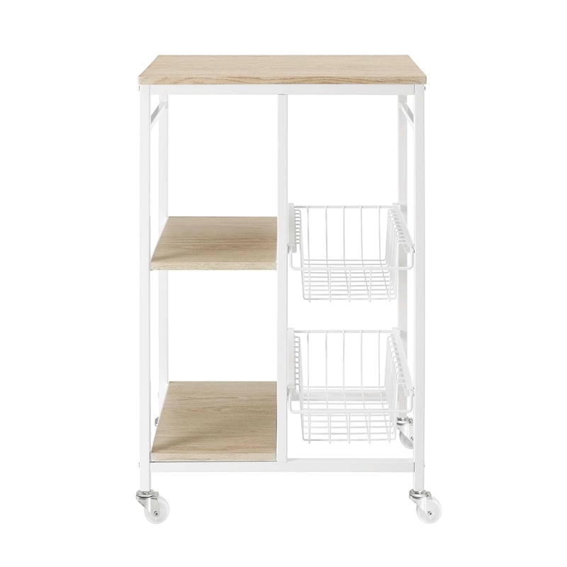 Linon August Rolling Metal Kitchen Cart with 2 Baskets and 2 Shelves in White