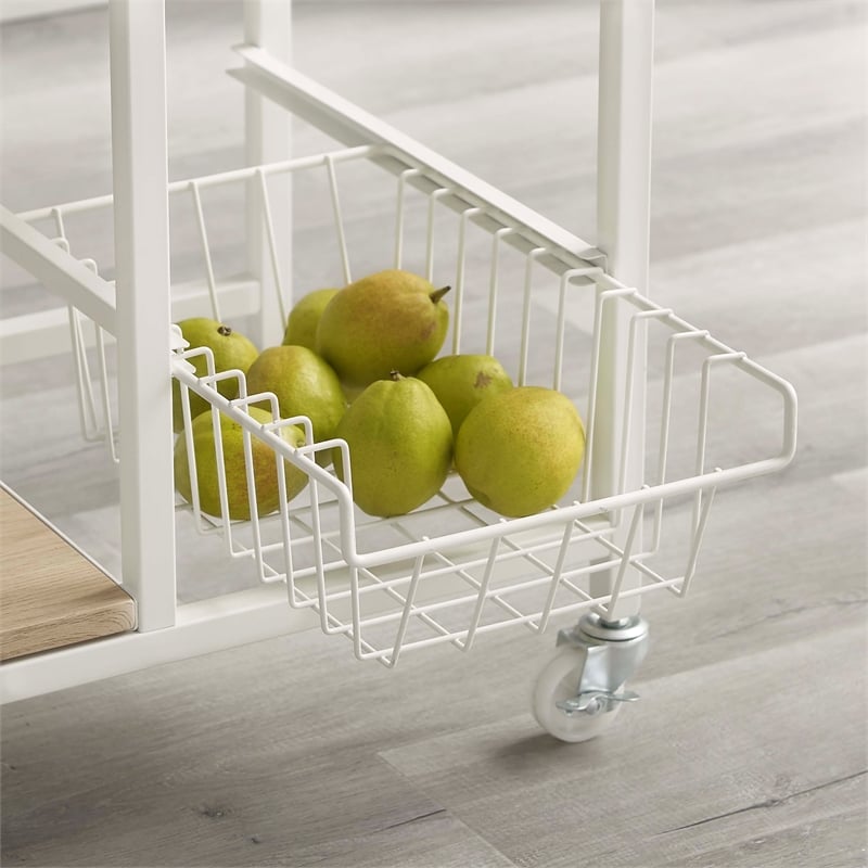 Linon August Rolling Metal Kitchen Cart with 2 Baskets and 2 Shelves in White