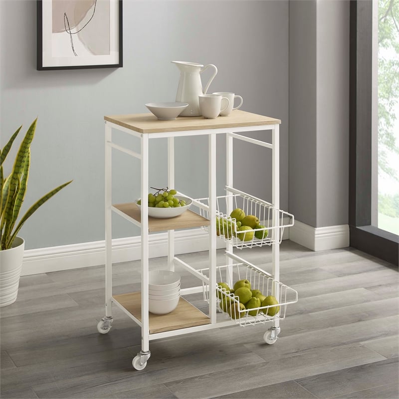 Linon August Rolling Metal Kitchen Cart with 2 Baskets and 2 Shelves in White