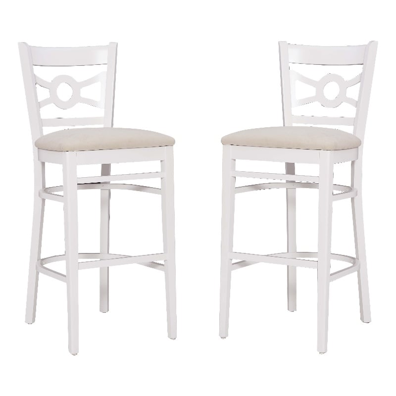 Linon Ederlee Set of Two Barstools Beige Padded Seat Frame in White Solid Wood