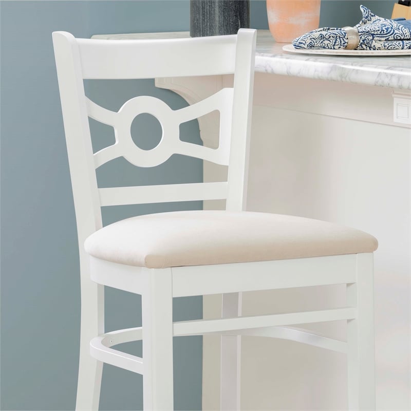Linon Ederlee Set of Two Barstools Beige Padded Seat Frame in White Solid Wood
