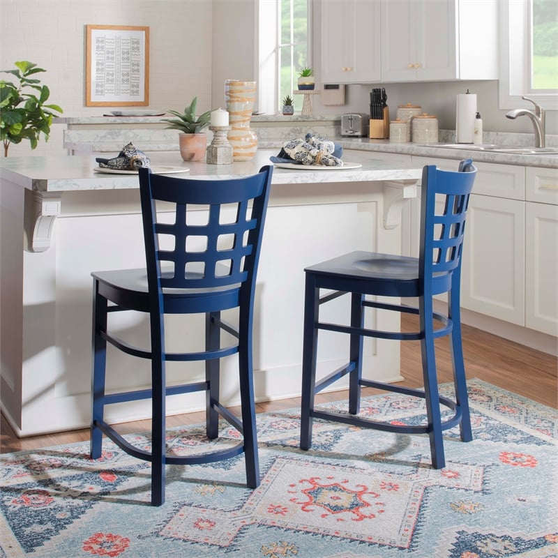 Linon Flint Lattice Back Counter Stools Set of 2 in Glossy Navy Beechwood