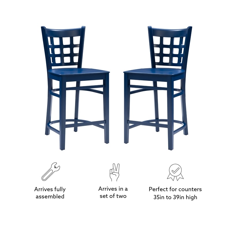 Linon Flint Lattice Back Counter Stools Set of 2 in Glossy Navy Beechwood