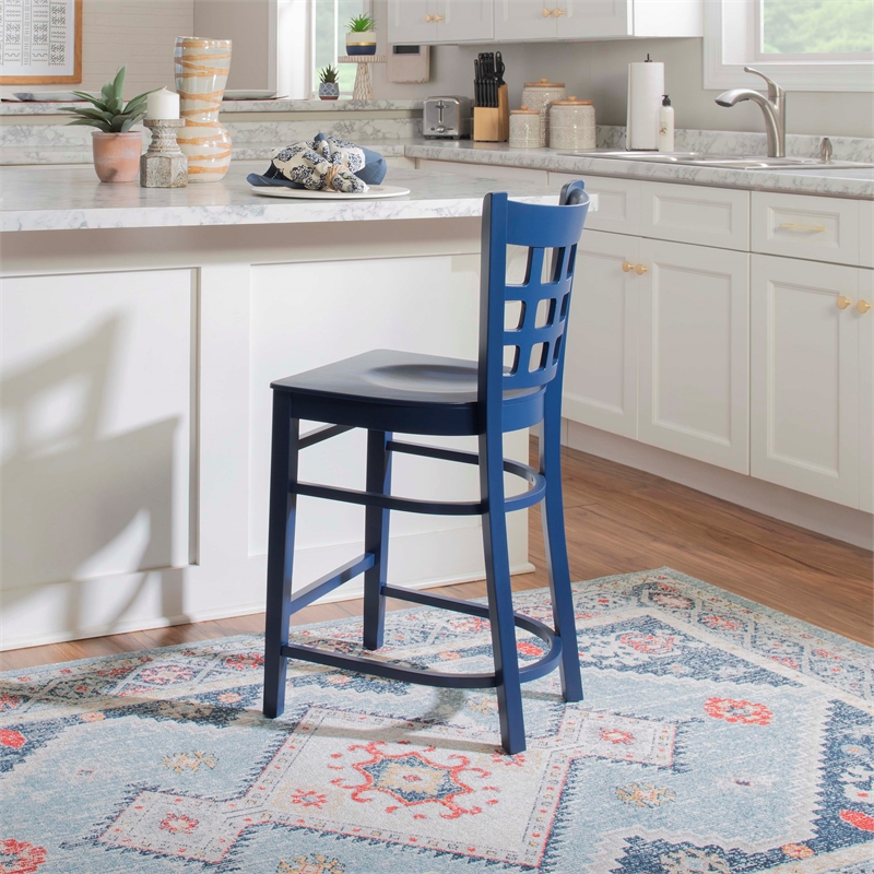 Linon Flint Lattice Back Counter Stools Set of 2 in Glossy Navy Beechwood