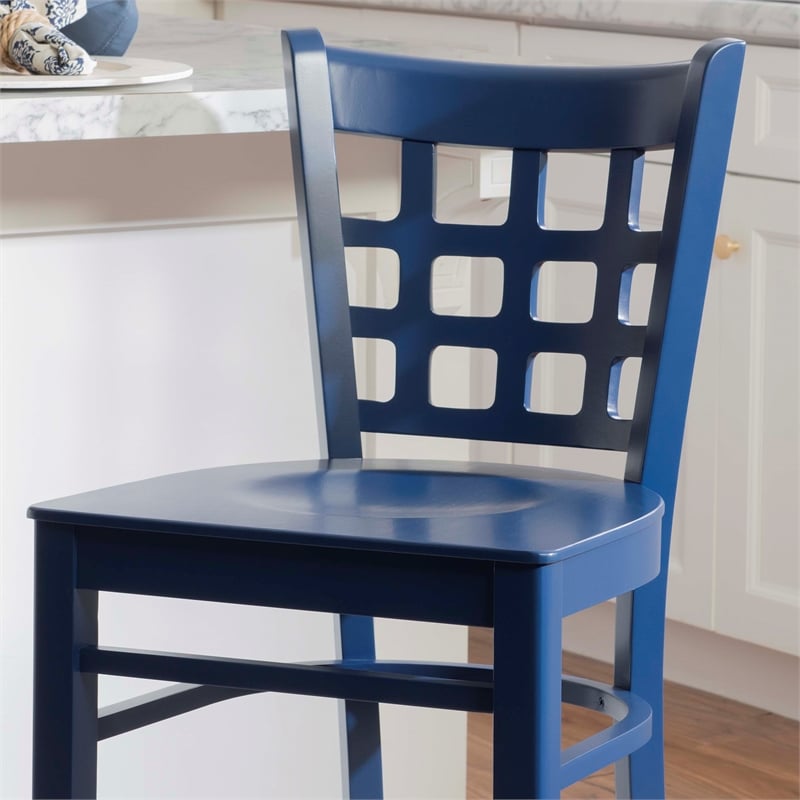 Linon Flint Lattice Back Counter Stools Set of 2 in Glossy Navy Beechwood