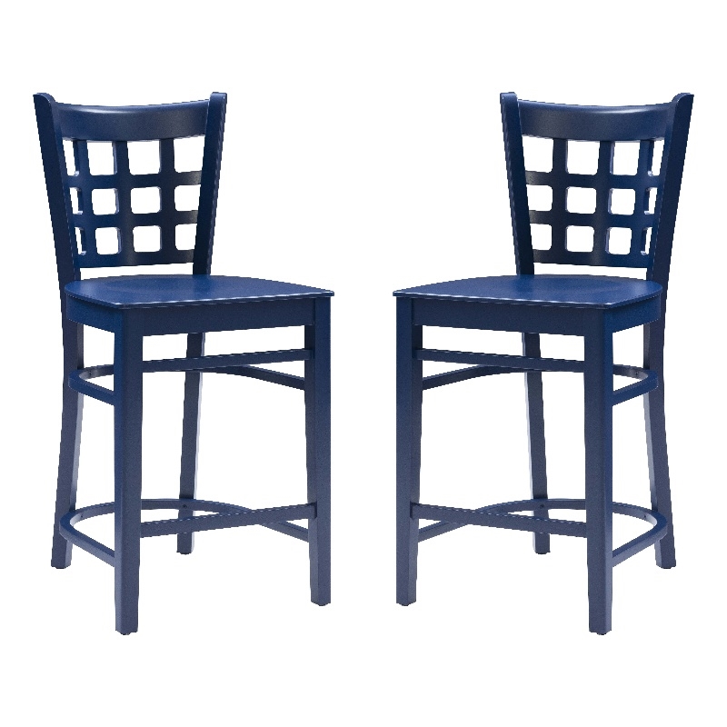 Linon Flint Lattice Back Counter Stools Set of 2 in Glossy Navy Beechwood