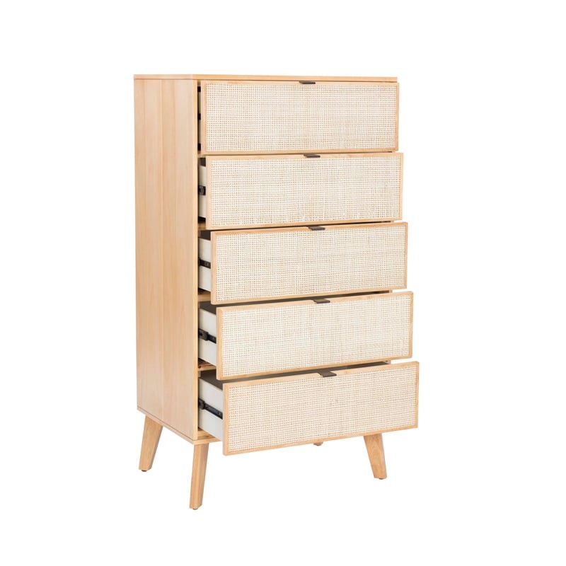 Linon Winnie 5 Drawer Chest with Cane Front Panels in Natural Rubberwood