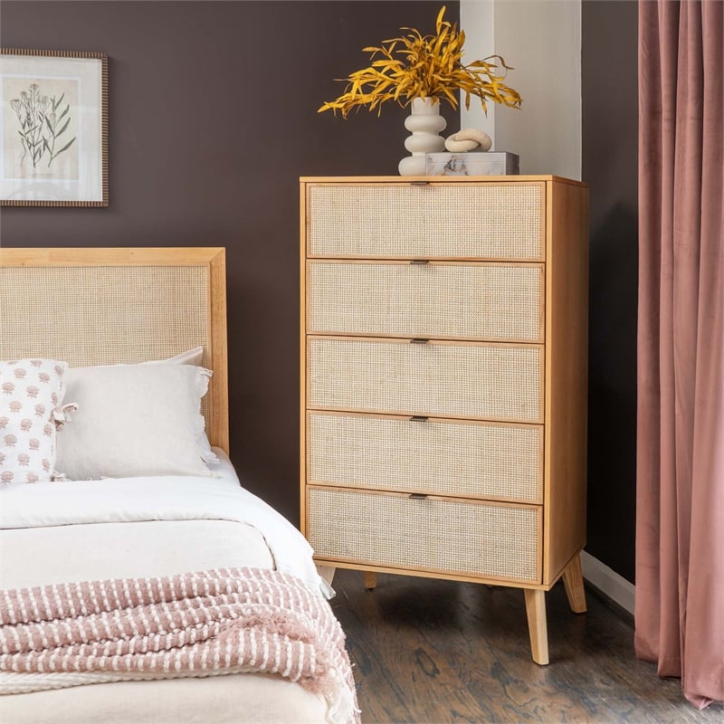 Linon Winnie 5 Drawer Chest with Cane Front Panels in Natural Rubberwood