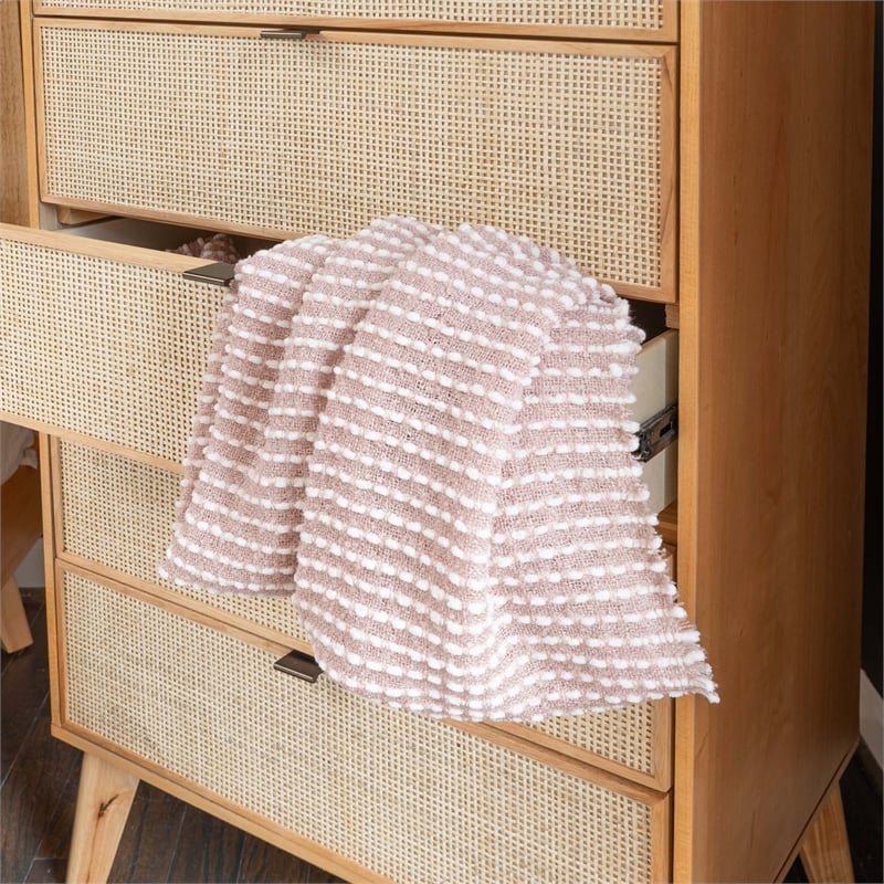 Linon Winnie 5 Drawer Chest with Cane Front Panels in Natural Rubberwood