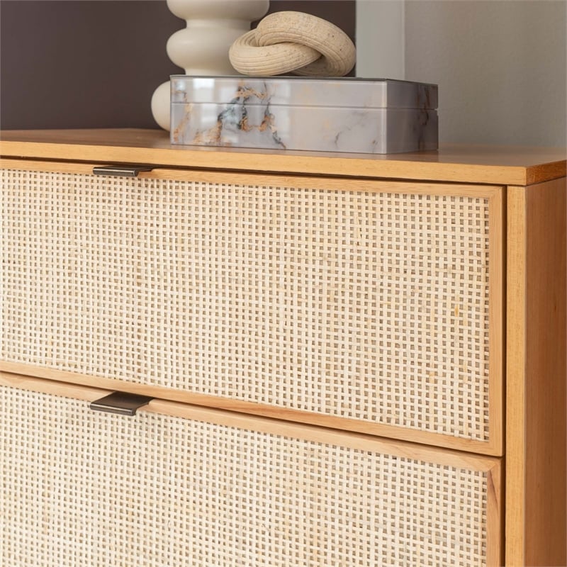 Linon Winnie 5 Drawer Chest with Cane Front Panels in Natural Rubberwood