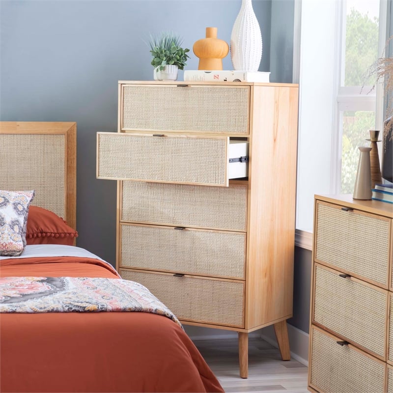 Linon Winnie 5 Drawer Chest with Cane Front Panels in Natural Rubberwood