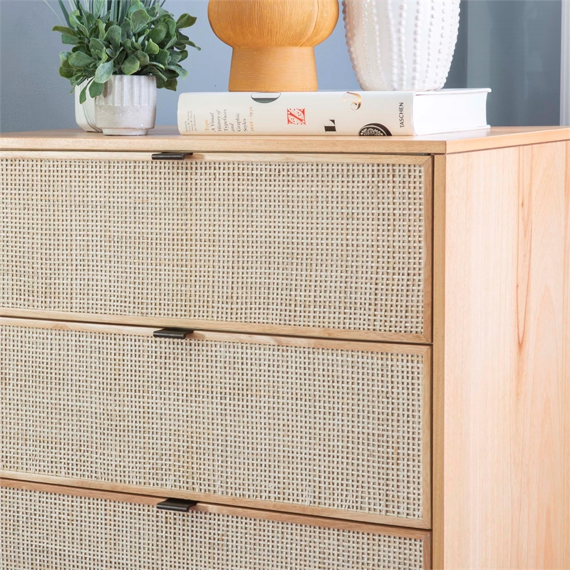 Linon Winnie 5 Drawer Chest with Cane Front Panels in Natural Rubberwood