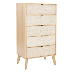 Linon Winnie 5 Drawer Chest with Cane Front Panels in Natural Rubberwood