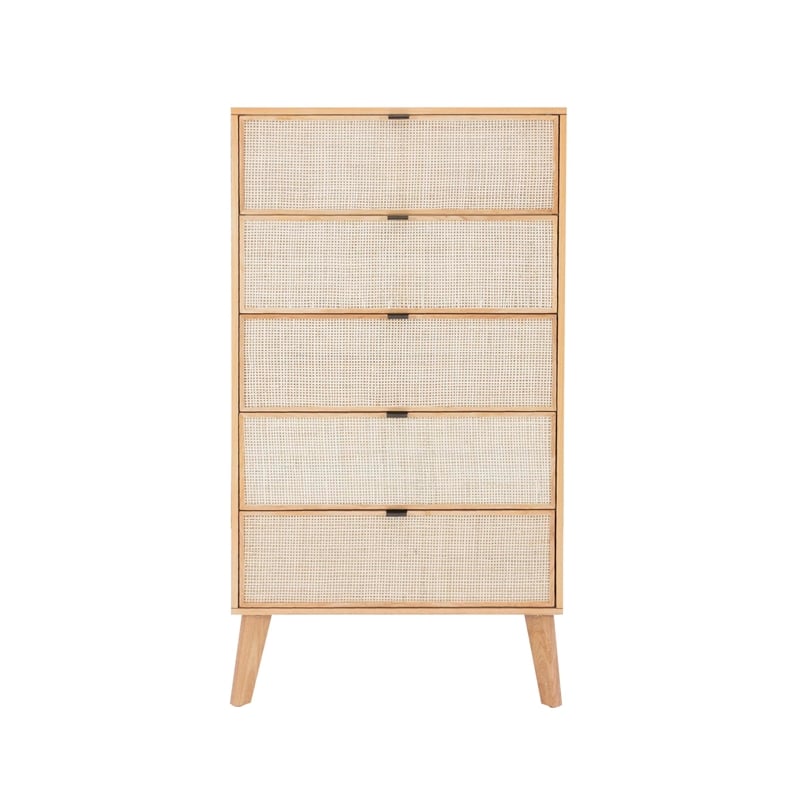 Linon Winnie 5 Drawer Chest with Cane Front Panels in Natural Rubberwood