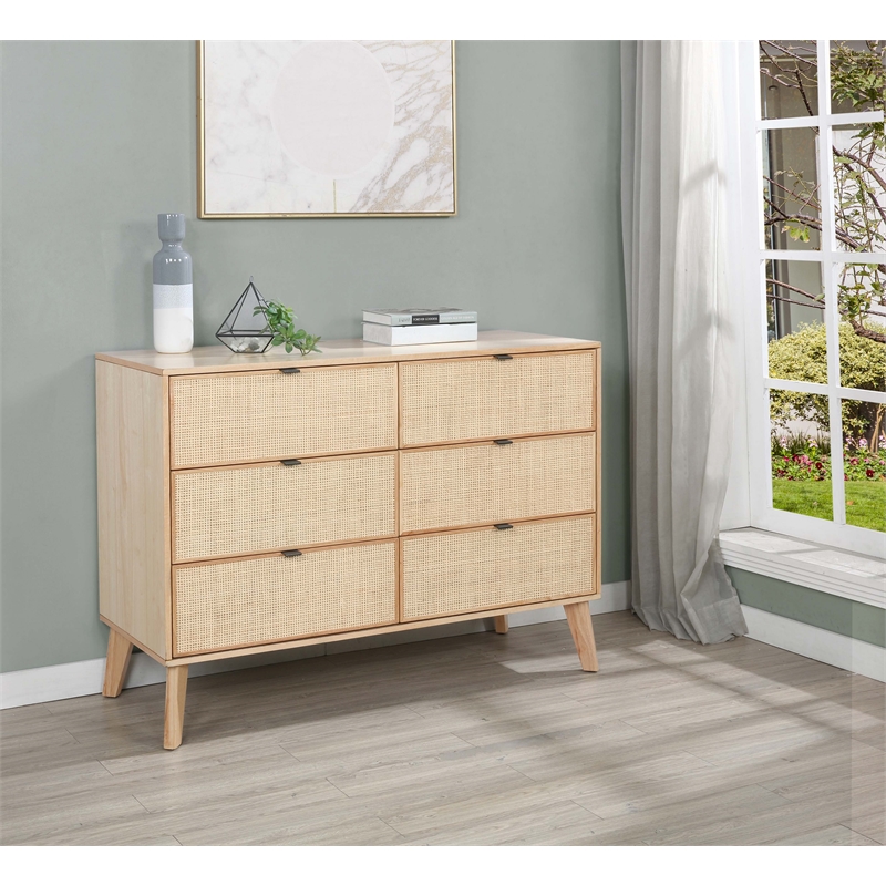 Linon Winnie 6 Drawer Dresser with Cane Front Panels in Natural Rubberwood