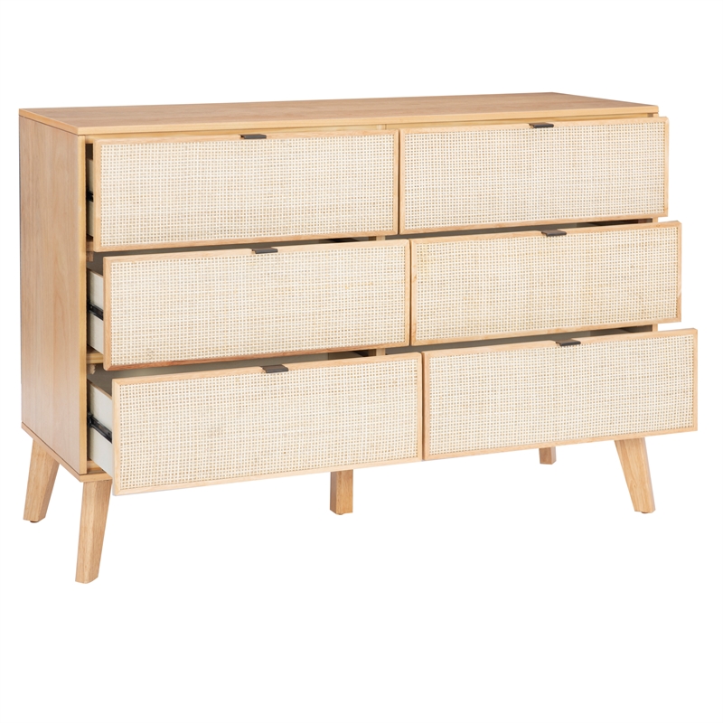 Linon Winnie 6 Drawer Dresser with Cane Front Panels in Natural Rubberwood