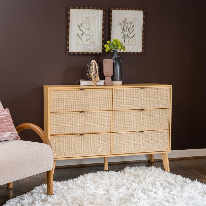Linon Winnie 6 Drawer Dresser with Cane Front Panels in Natural Rubberwood