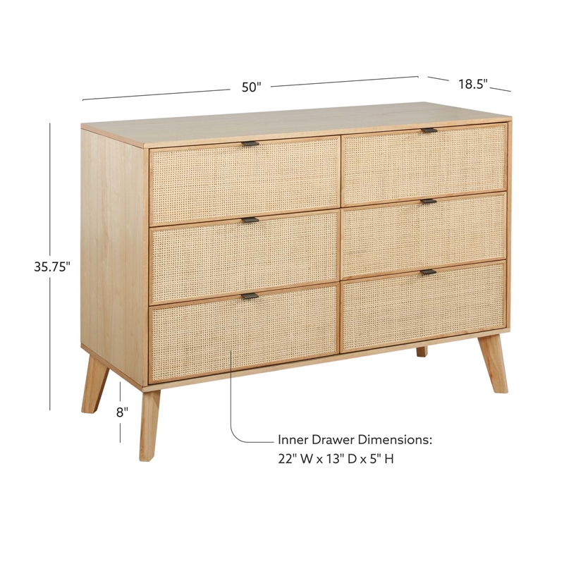Linon Winnie 6 Drawer Dresser with Cane Front Panels in Natural Rubberwood